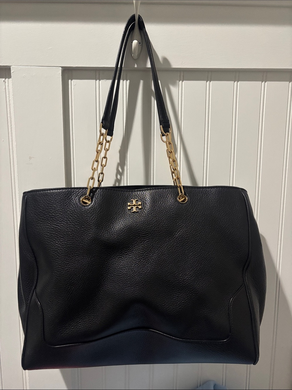 Tory Burch Black Leather Tote with Gold Chain Handles